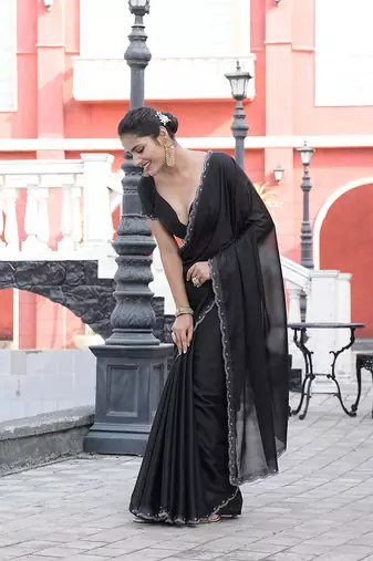 Silk blend black solid embellished stone work sarees