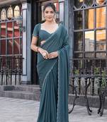 Silk blend teal solid embellished stone work sarees