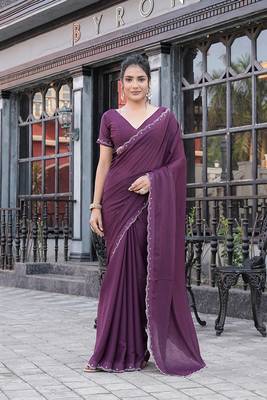 Silk blend wine solid embellished stone work sarees 1