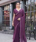 Silk blend wine solid embellished stone work sarees