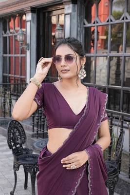 Silk blend wine solid embellished stone work sarees 4