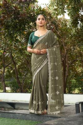 Silk blend olive embellished embroidered sequinned  work sarees 1