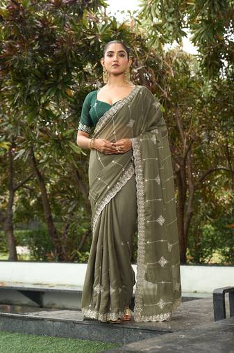 Silk blend olive embellished embroidered sequinned  work sarees