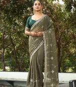 Silk blend olive embellished embroidered sequinned  work sarees
