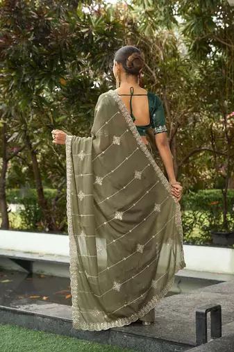 Silk blend olive embellished embroidered sequinned  work sarees