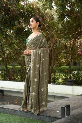 Silk blend olive embellished embroidered sequinned  work sarees 3