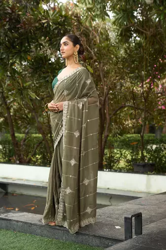 Silk blend olive embellished embroidered sequinned  work sarees