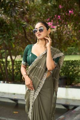Silk blend olive embellished embroidered sequinned  work sarees 4