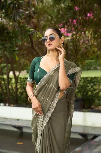 Silk blend olive embellished embroidered sequinned  work sarees