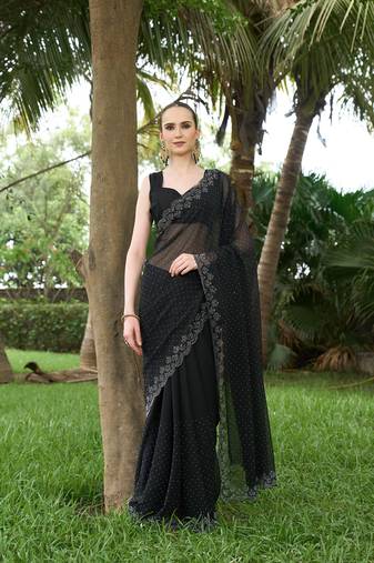Georgette black stone swarovski work sarees