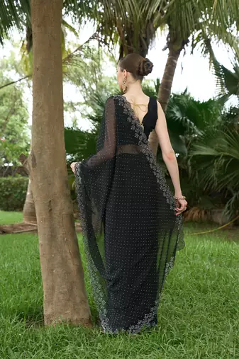 Georgette black stone swarovski work sarees