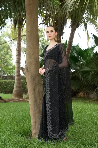 Georgette black stone swarovski work sarees