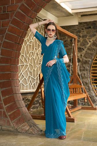 Georgette rama stone swarovski work sarees