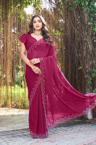 Georgette rani stone swarovski work sarees