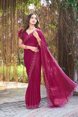 Georgette rani stone swarovski work sarees 2