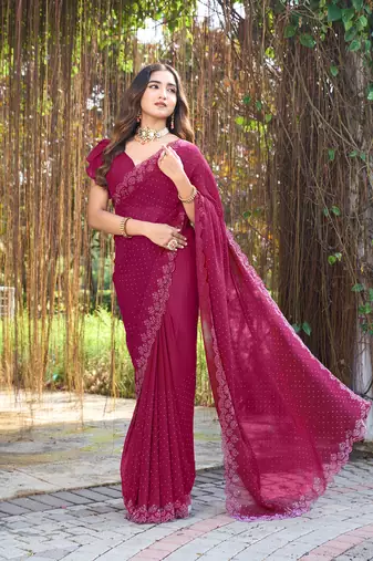 Georgette rani stone swarovski work sarees