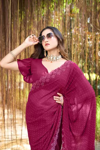 Georgette rani stone swarovski work sarees