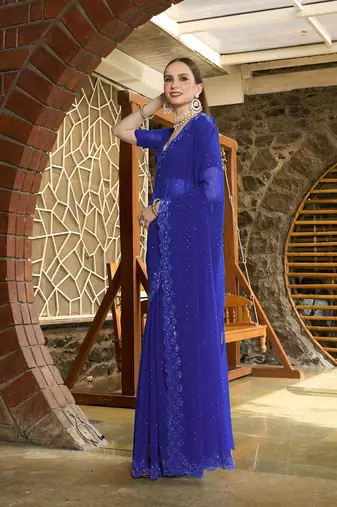 Georgette royal blue stone swarovski work sarees