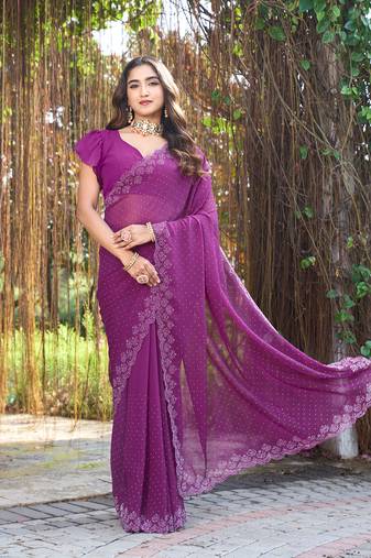 Georgette wine stone swarovski work sarees
