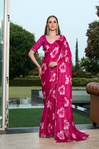 Silk blend pink floral flower printed handwork sarees