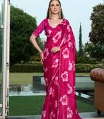 Silk blend pink floral flower printed handwork sarees