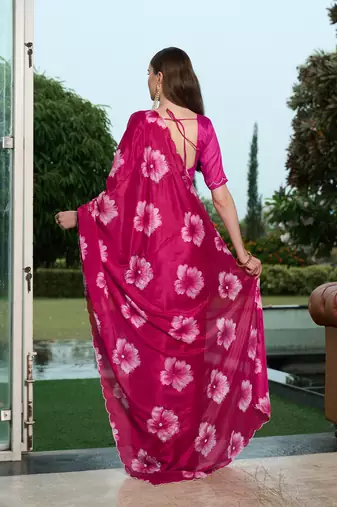 Silk blend pink floral flower printed handwork sarees