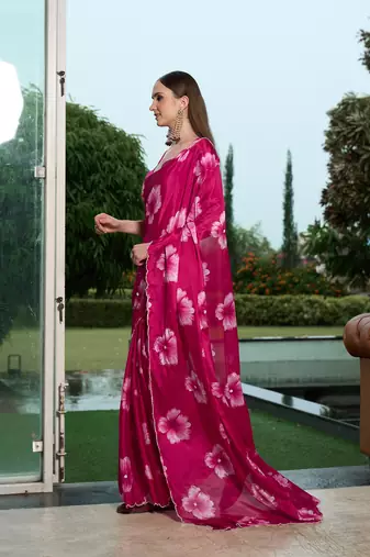 Silk blend pink floral flower printed handwork sarees