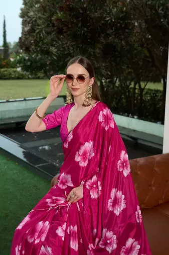 Silk blend pink floral flower printed handwork sarees