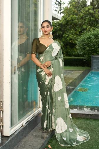 Silk blend pista floral leaf printed handwork sarees
