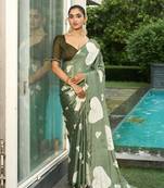 Silk blend pista floral leaf printed handwork sarees
