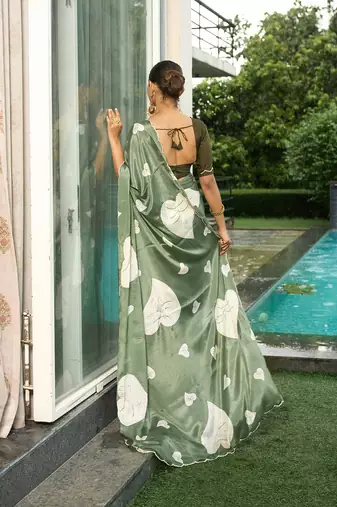 Silk blend pista floral leaf printed handwork sarees