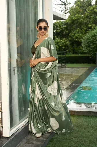 Silk blend pista floral leaf printed handwork sarees