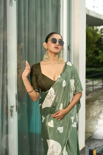 Silk blend pista floral leaf printed handwork sarees