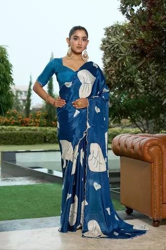 Silk blend teal floral leaf printed handwork  sarees