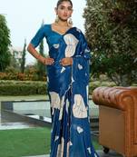 Silk blend teal floral leaf printed handwork  sarees