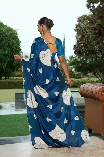 Silk blend teal floral leaf printed handwork  sarees