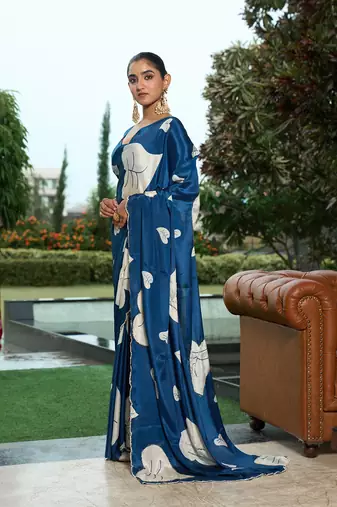 Silk blend teal floral leaf printed handwork  sarees