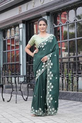 Silk blend green floral embroidered cut work sarees 1