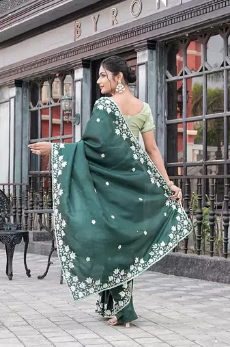 Silk blend green floral embroidered cut work sarees