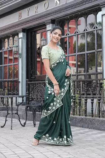 Silk blend green floral embroidered cut work sarees