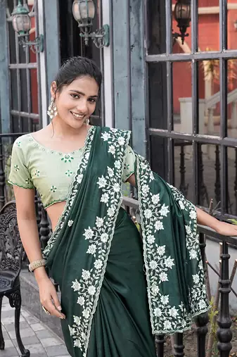 Silk blend green floral embroidered cut work sarees