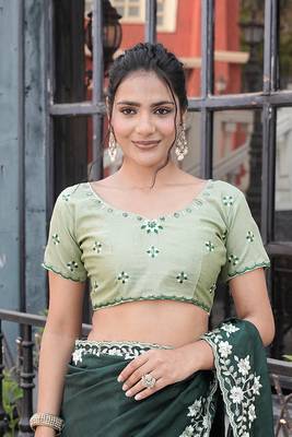 Silk blend green floral embroidered cut work sarees 5