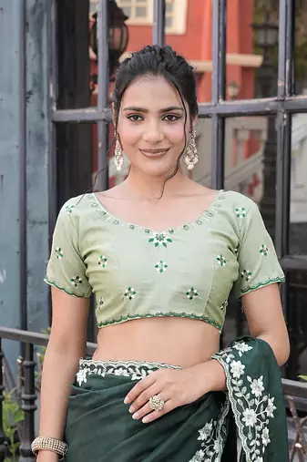 Silk blend green floral embroidered cut work sarees