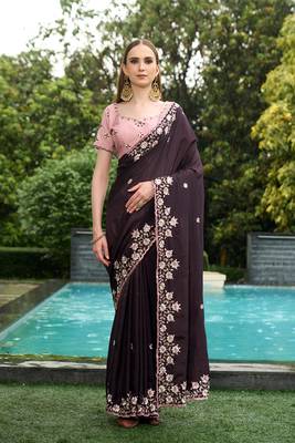 Silk blend wine floral  embroidered cut work sarees 1