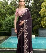 Silk blend wine floral  embroidered cut work sarees
