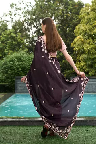 Silk blend wine floral  embroidered cut work sarees