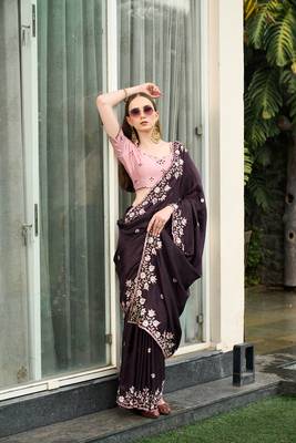 Silk blend wine floral  embroidered cut work sarees 3