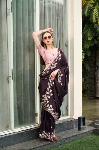 Silk blend wine floral  embroidered cut work sarees