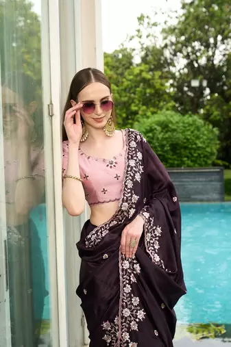 Silk blend wine floral  embroidered cut work sarees