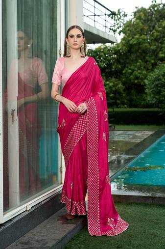 Silk blend pink floral zari cut-work  border sarees